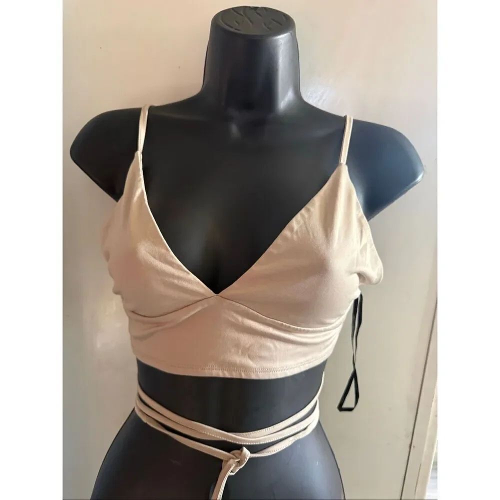 Forever 21 Women's Plunge V-Neck Tied Backless Crop Tank Top Beige Size Medium